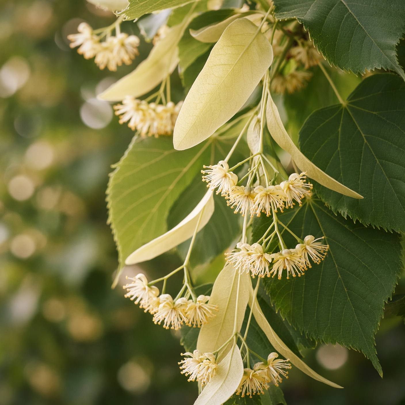 Jasne kwiatostany lipy drobnolistnej (Tilia cordata) z podsadką