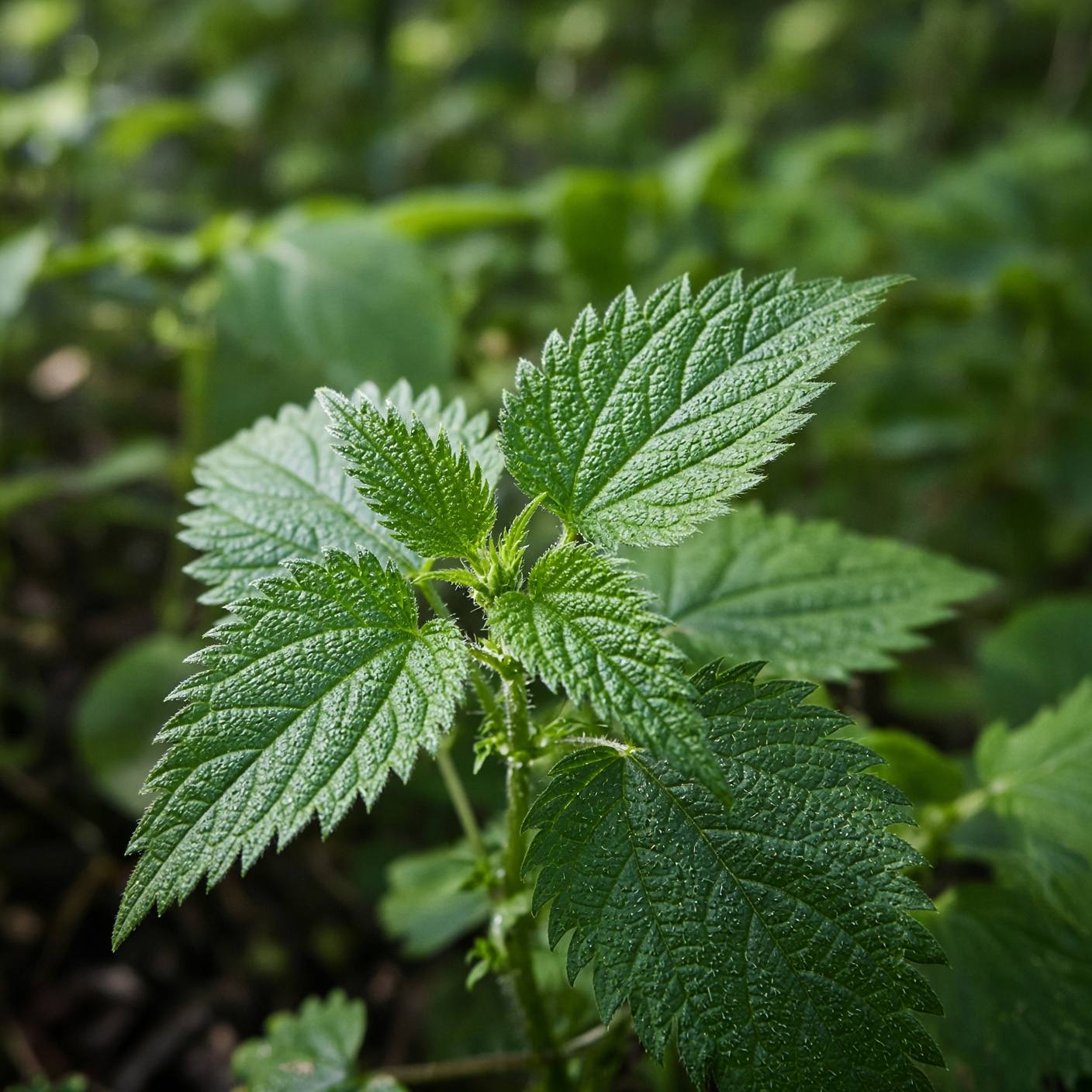 Świeże liście pokrzywy zwyczajnej (Urtica dioica) w porannym świetle
